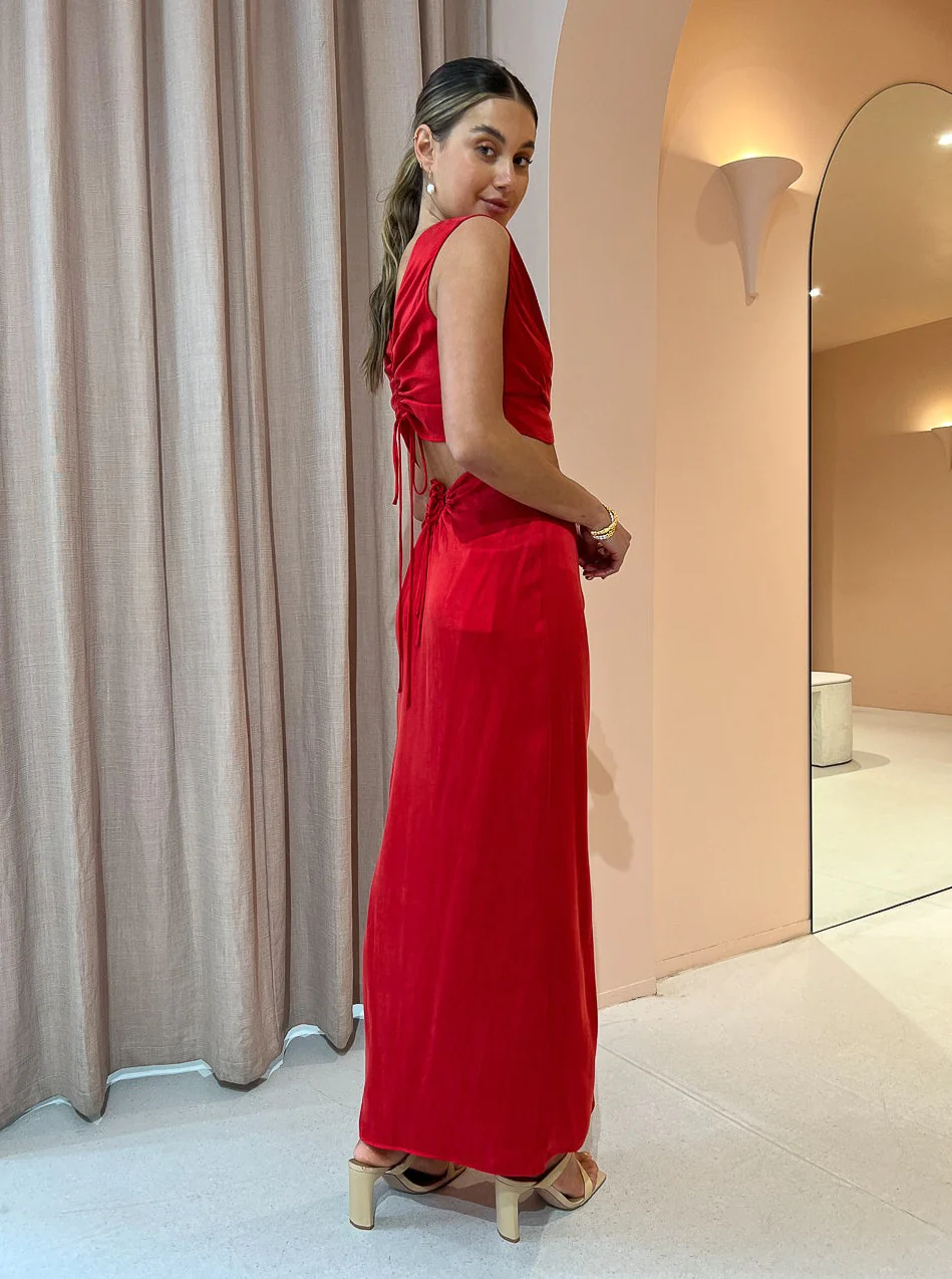 One Fell Swoop Marni Crop and Review Skirt. A red set with ruching for rent.
