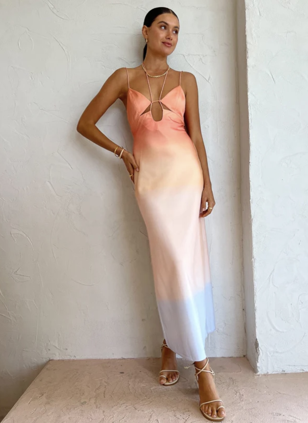 Significant Other Kali Midi Dress for hire. A multicolour peach pastel maxi dress in silk/satin.