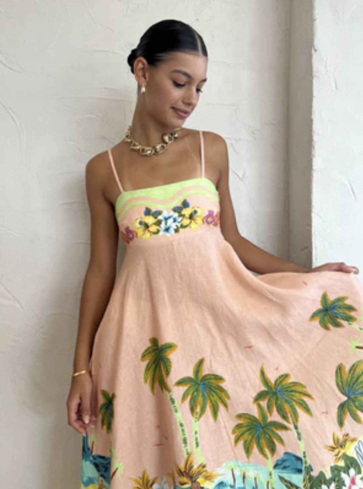 Alemais Mermaid Point Sundress. Pink dress with thin straps for rent.