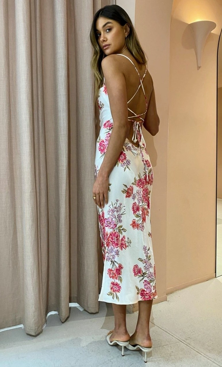 208-bec bridge tropic fauna midi dress print sz 8 white