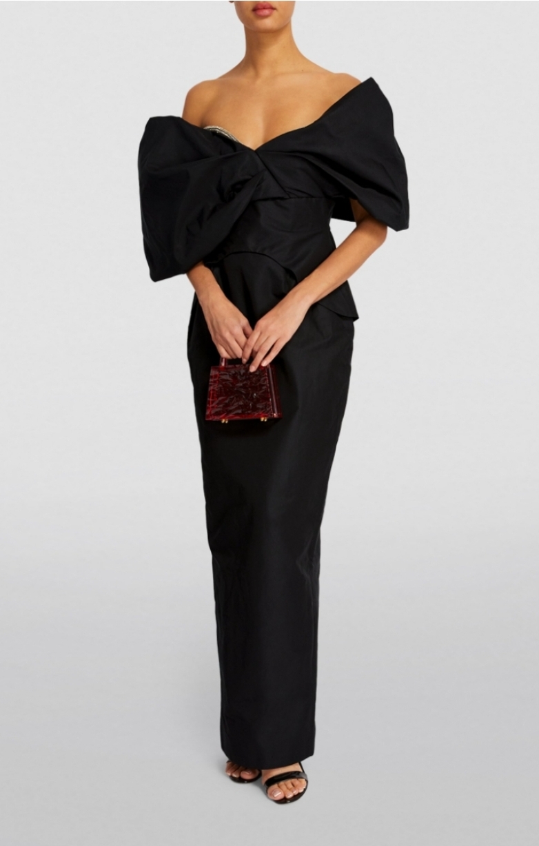 Rachel Gilbert Xavier Gown. Long, off shoulder gown in black for rent.