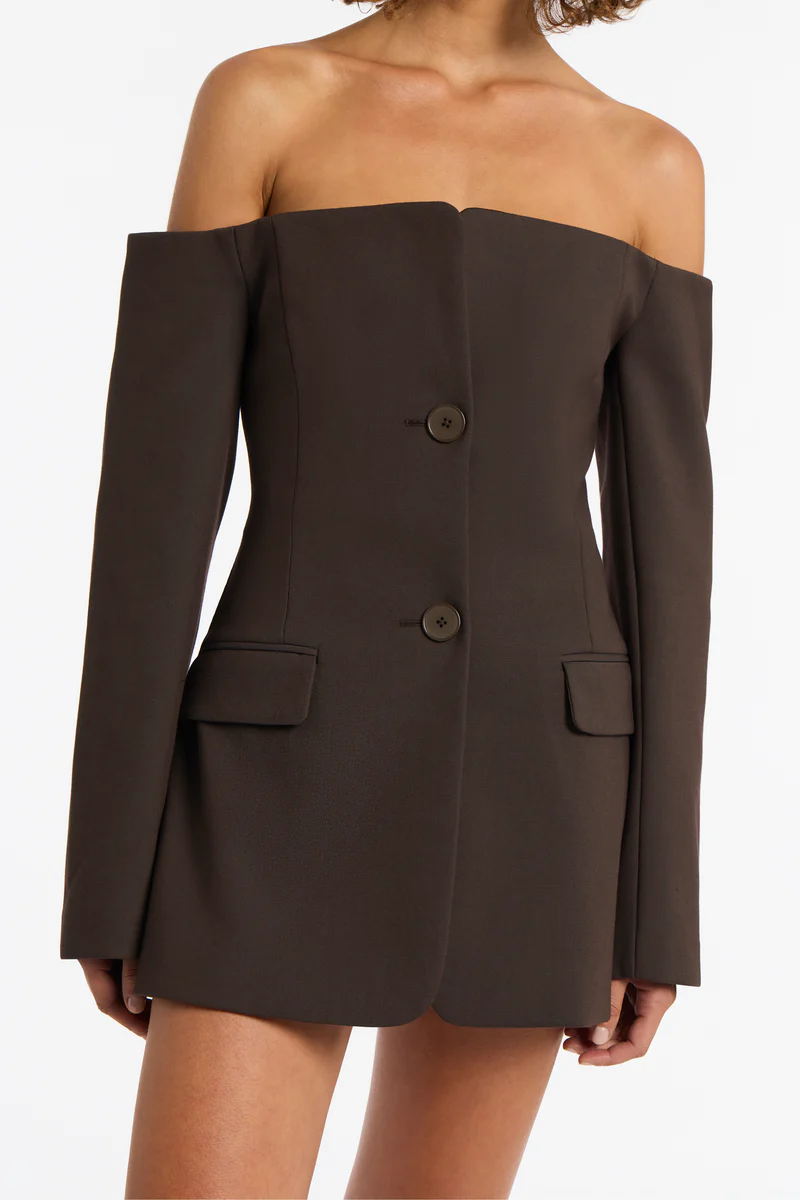Sir the Label Sandrine Tailored Mini Dress. Hire the sir the label dress. Brown off shoulder suit dress.