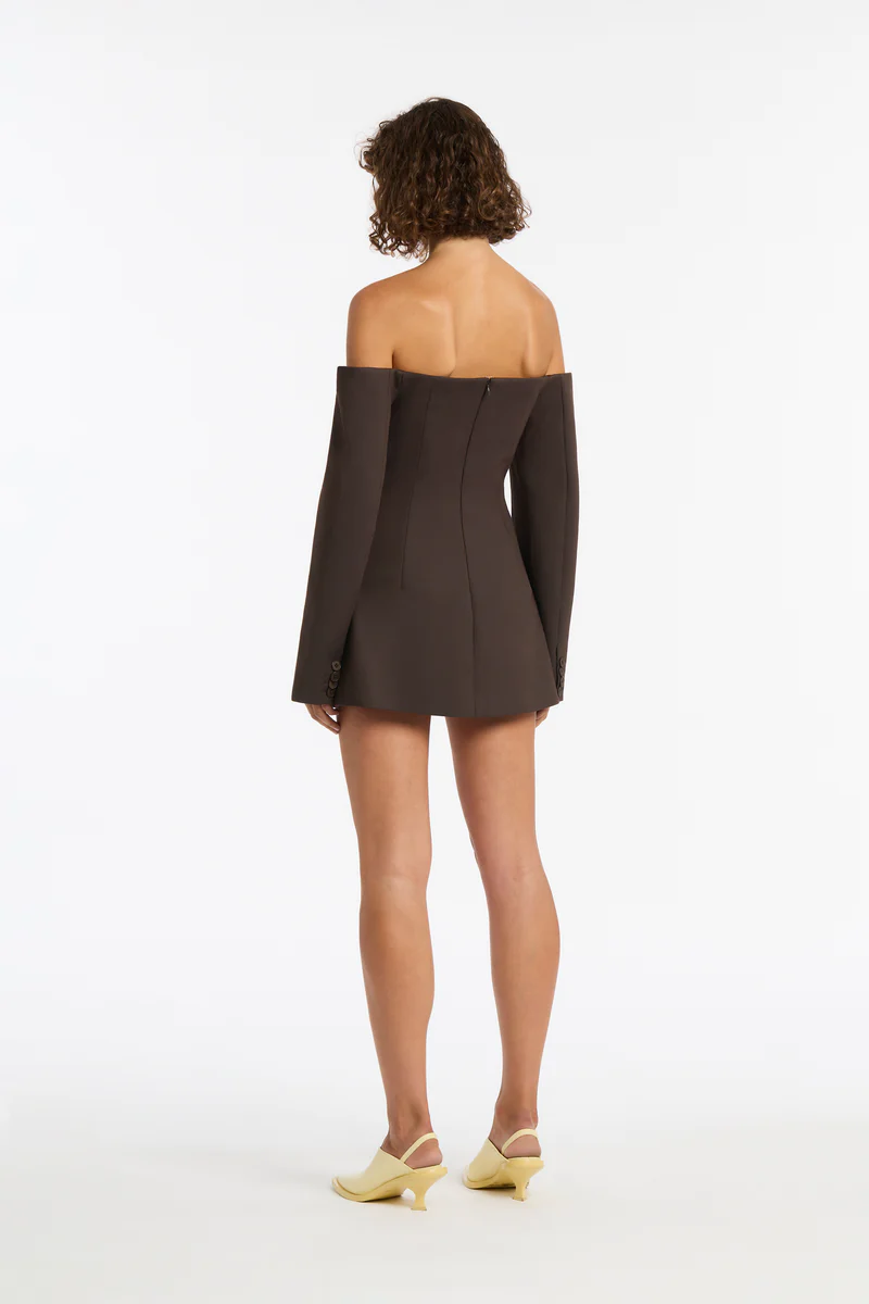 Sir the Label Sandrine Tailored Mini Dress. Hire the sir the label dress. Brown off shoulder suit dress.