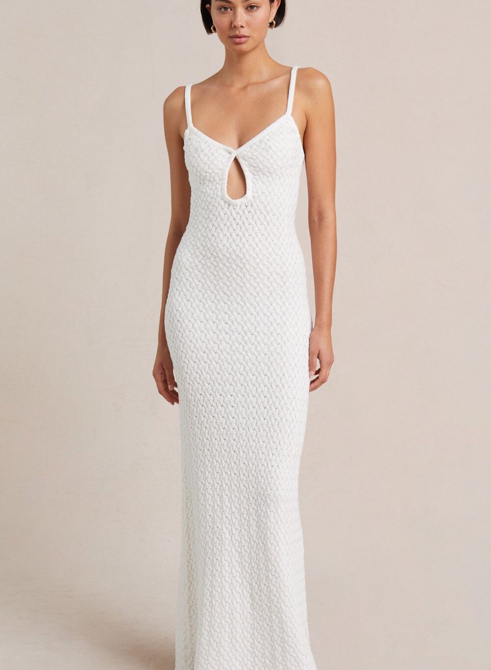 Bec + Bridge Effie Knit Key Maxi Dress for hire. White maxi dress in knit fabric.