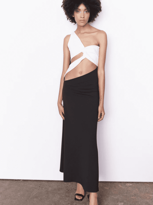 Aaizél Cut Out One Shoulder Maxi Dress for hire. Contrast black and white formal dress.