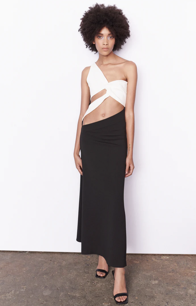 Aaizél Cut Out One Shoulder Maxi Dress for hire. Contrast black and white formal dress.