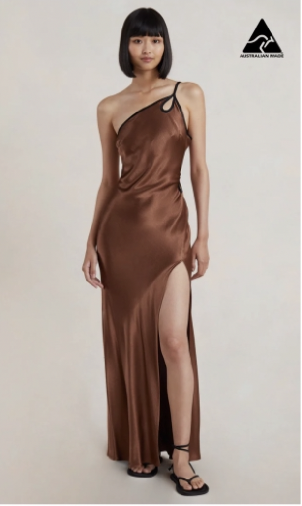 Bec + Bridge Kehlani Maxi Dress for rent. Brown silk maxi dress with open back.
