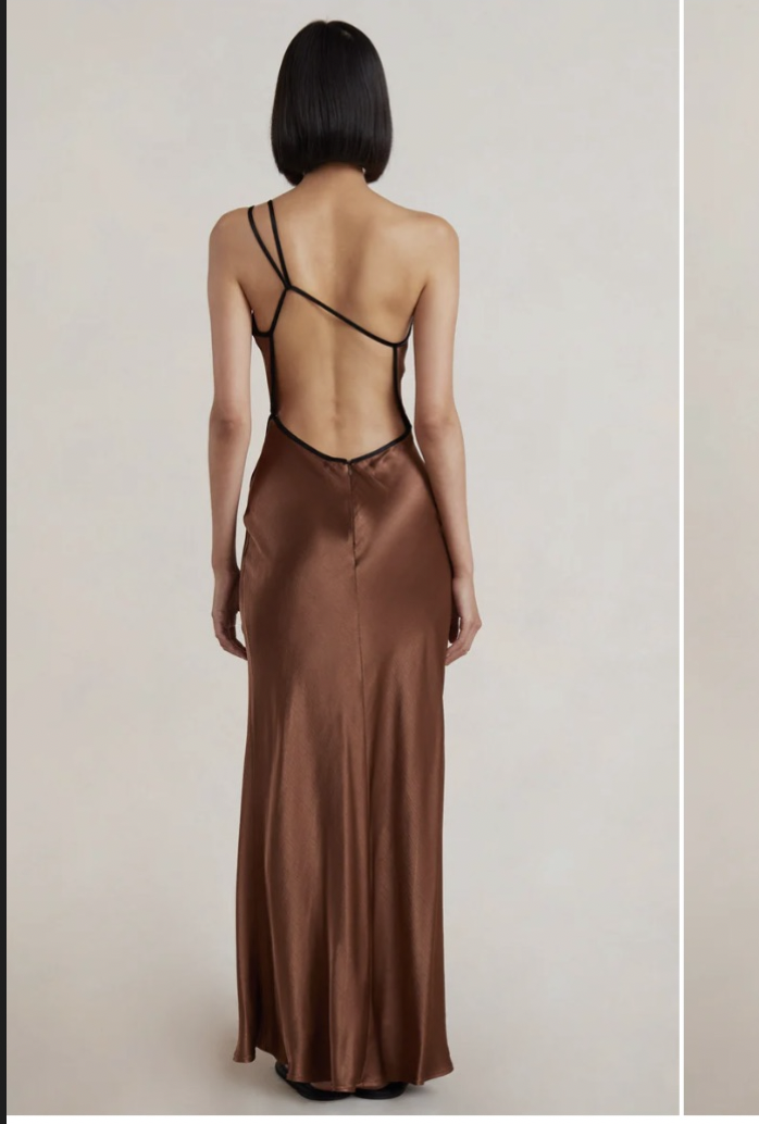 Bec + Bridge Kehlani Maxi Dress for rent. Brown silk maxi dress with open back.