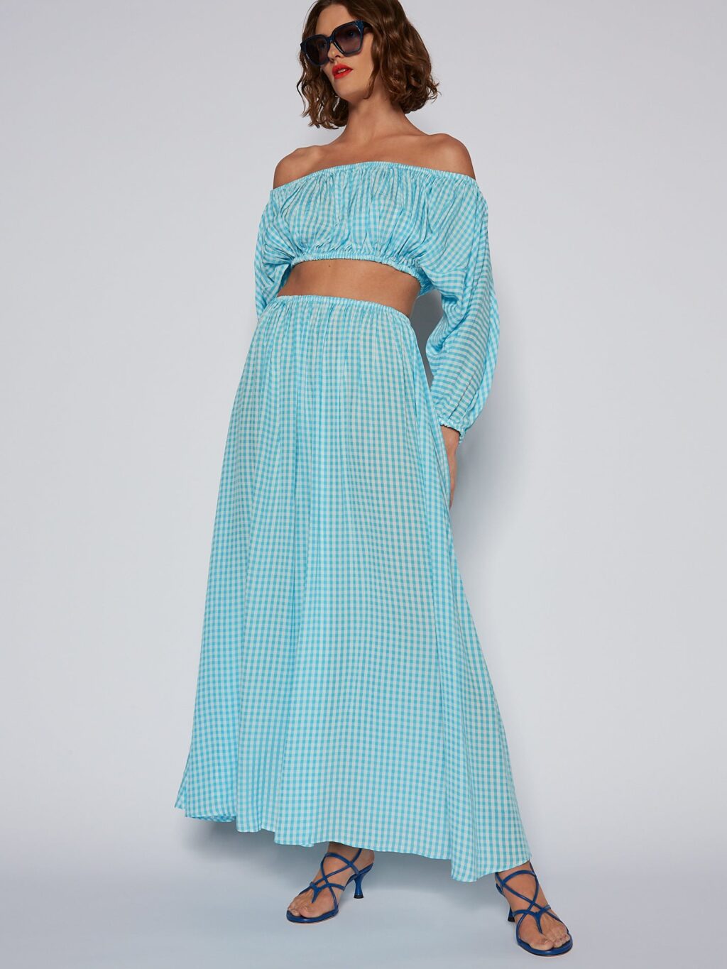 Dress rental. Scanlan Theodore Gingham Cut Out Dress for hire. Blue and white check, strapless sun dress.