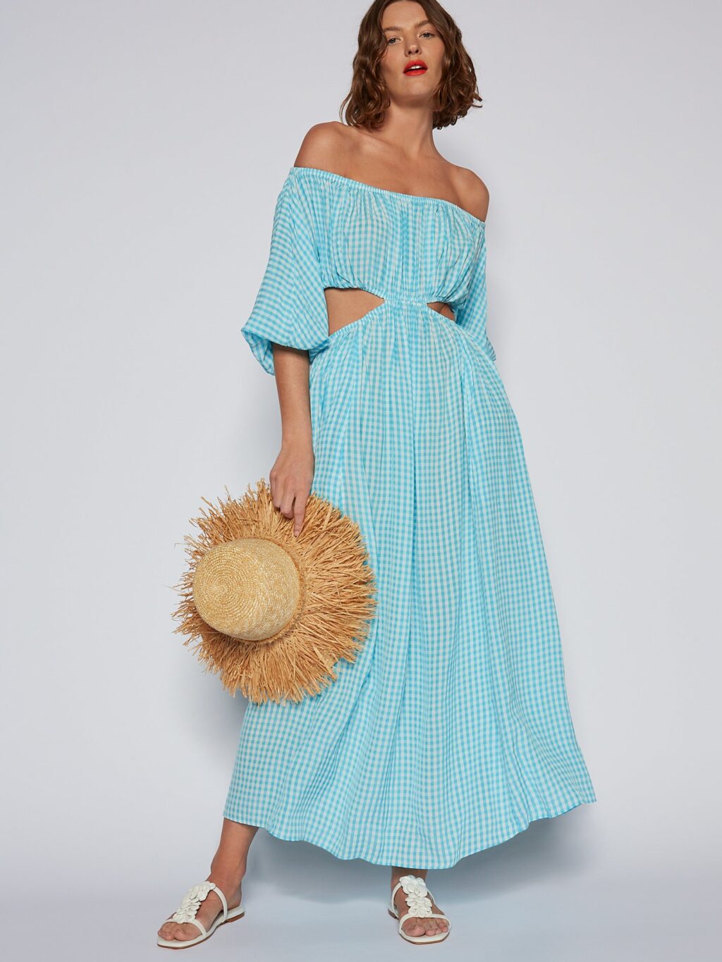 Scanlan Theodore Gingham Cut Out Dress for hire. Blue and white check, strapless sun dress.