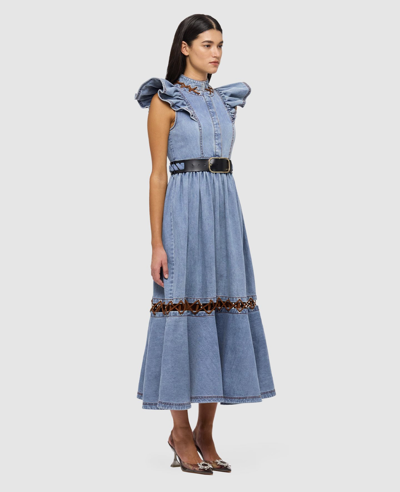 Blue denim midi fdress with ruffle sleeves for hire. Leo Lin Amelie Butterfly Sleeveless Denim Midi Dress.