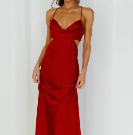 Hello Molly red midi dress with back cut out and shoestring straps.