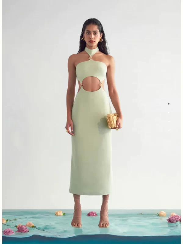 Cult Gaia Olivia Dress. Green midi dress with halter neck and centre cut out.