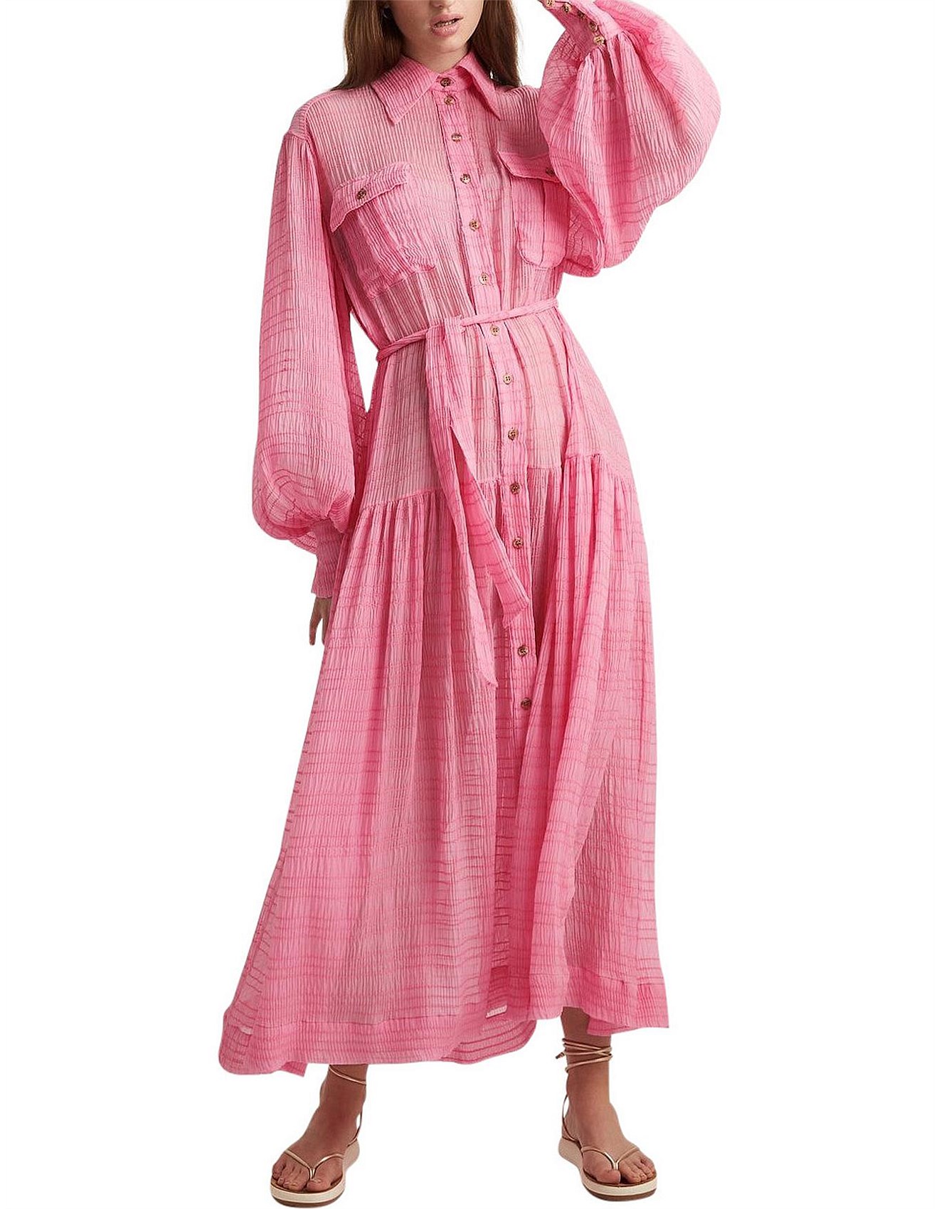 Alemais Antonella Silk Shirt Maxi Dress in pink with long sleeves.