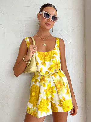Alemais yellow floral linen set. Shorts and cropped top.