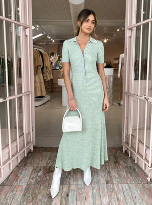 Anna Quan Laurel Penelope Midi Dress. Green knit polo midi dress for rent.