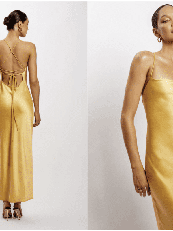 Gold maxi dress by Meshki for hire. Silk maxi with thin straps and an open back.