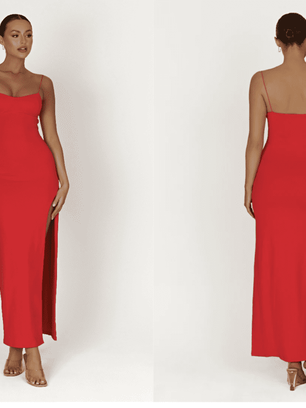 Red midi dress for rent by Meshki. Maxi lenghth, side slit and thin straps.