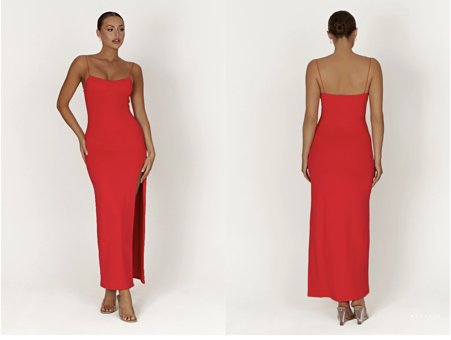 Red midi dress for rent by Meshki. Maxi lenghth, side slit and thin straps.