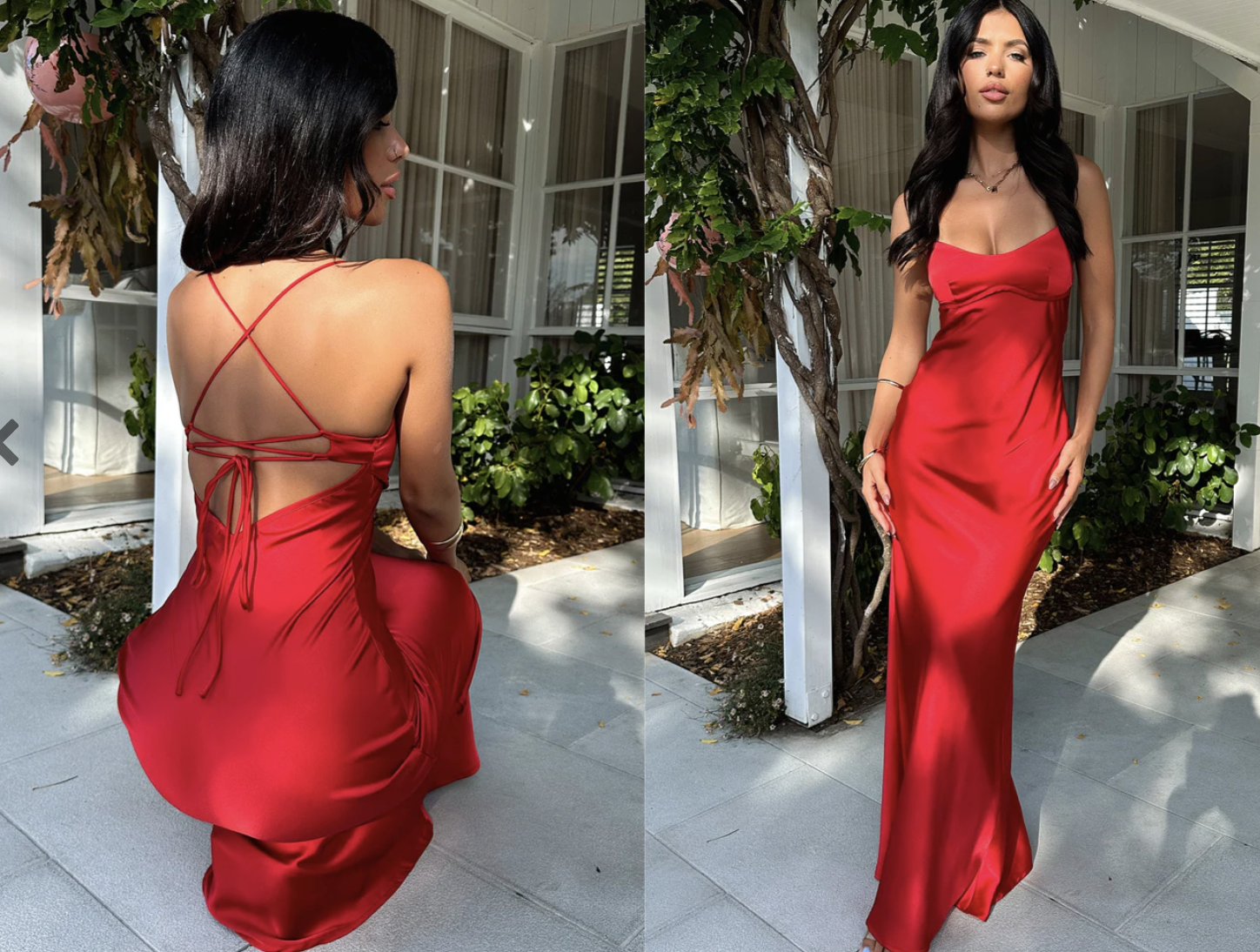 Silk maxi dress in red with tie back.