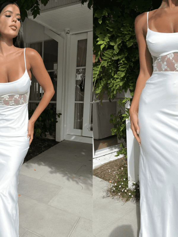 White maxi dress with sheer lace panel for rent.