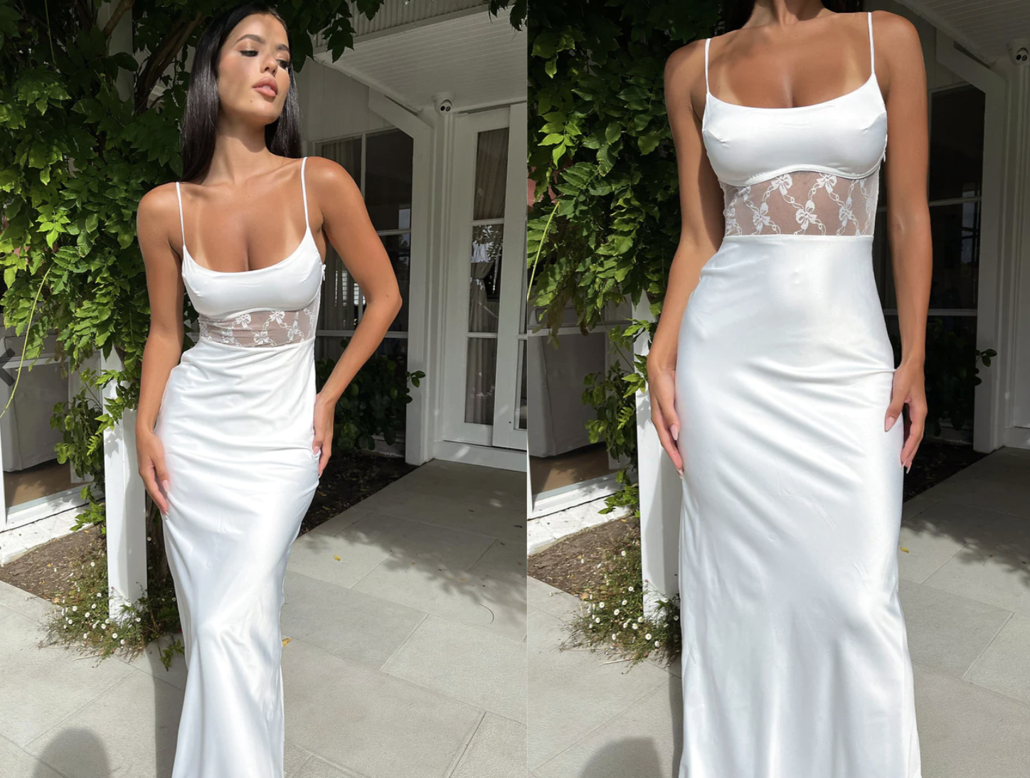 White maxi dress with sheer lace panel for rent.