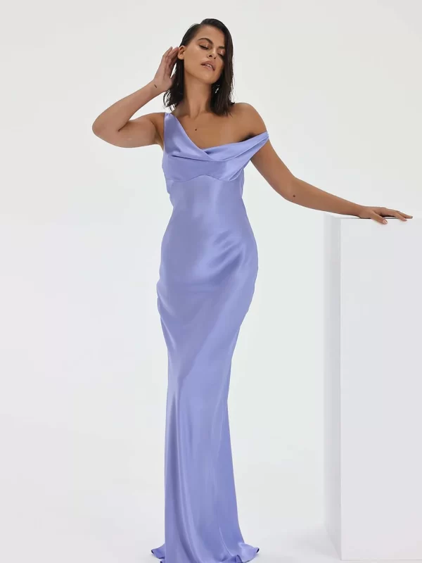 Natalie Rolt Monika Gown. Lilac silk one shoulder gown.