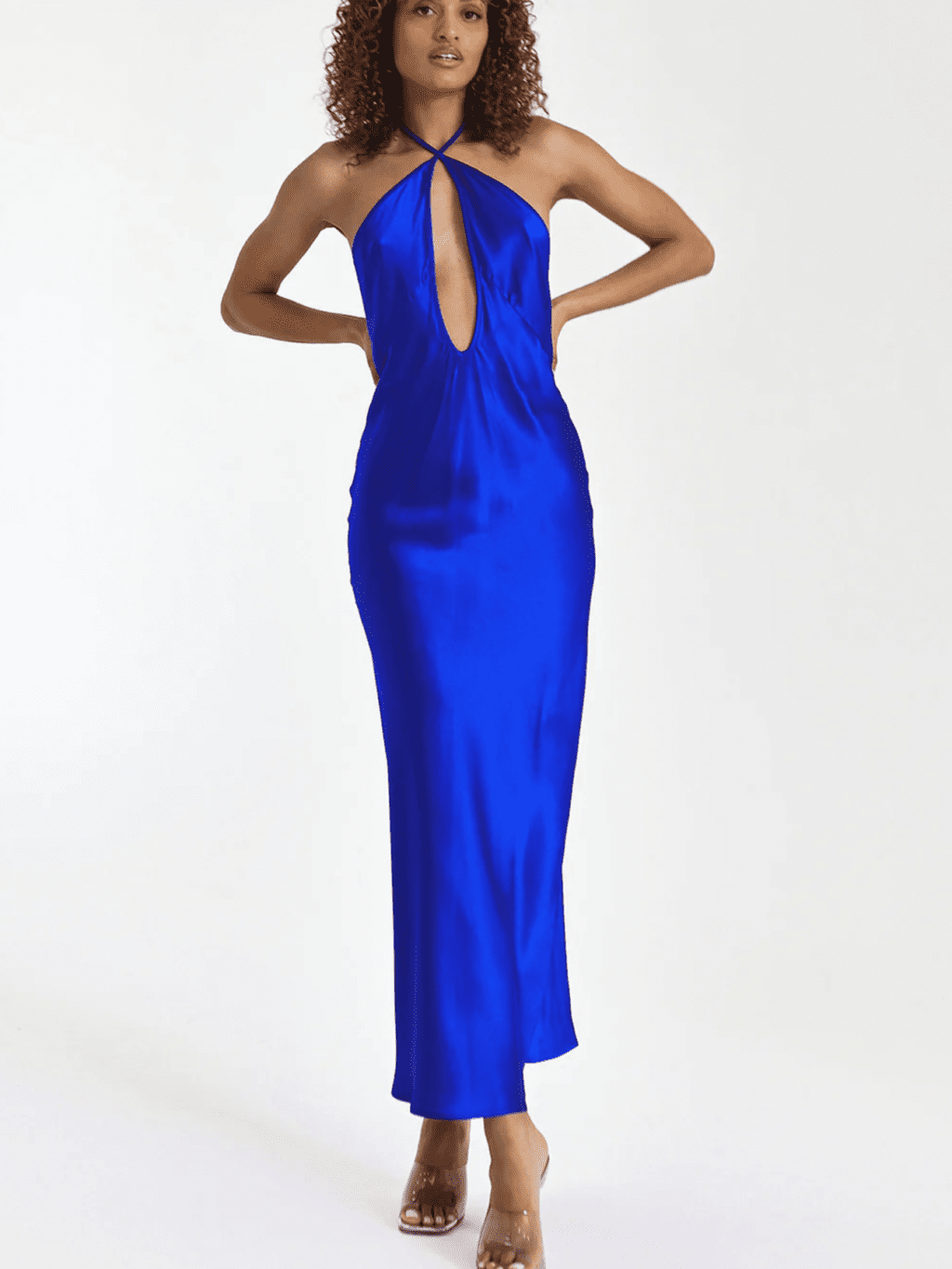 Natalie Rolt Irena Midi Dress. Blue silk midi dress for rent with keyhole cut out.