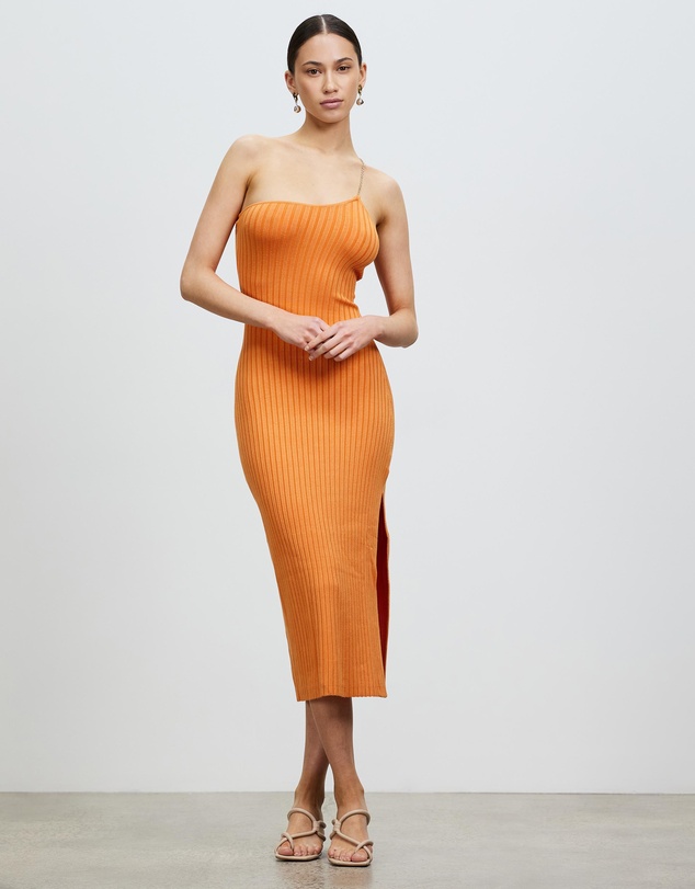 Lover The Label Posie Asymmetric Knit Midi Dress in orange.