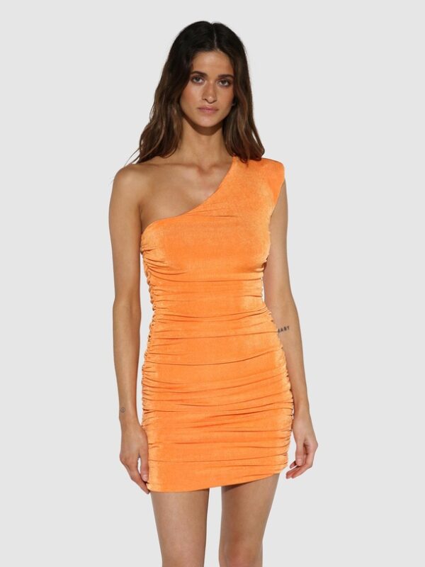 By Dylan Addison Dress. Orange one shoulder mini dress for hire.
