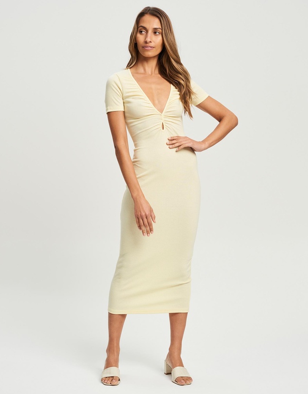 Yellow midi dress with v neckline and short sleeves.