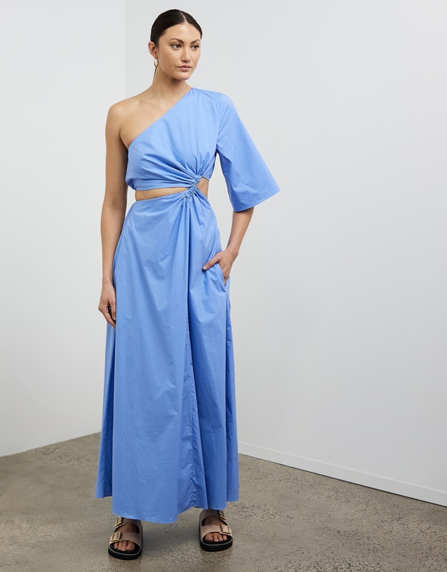 One shoulder blue maxi day dress with twist front.