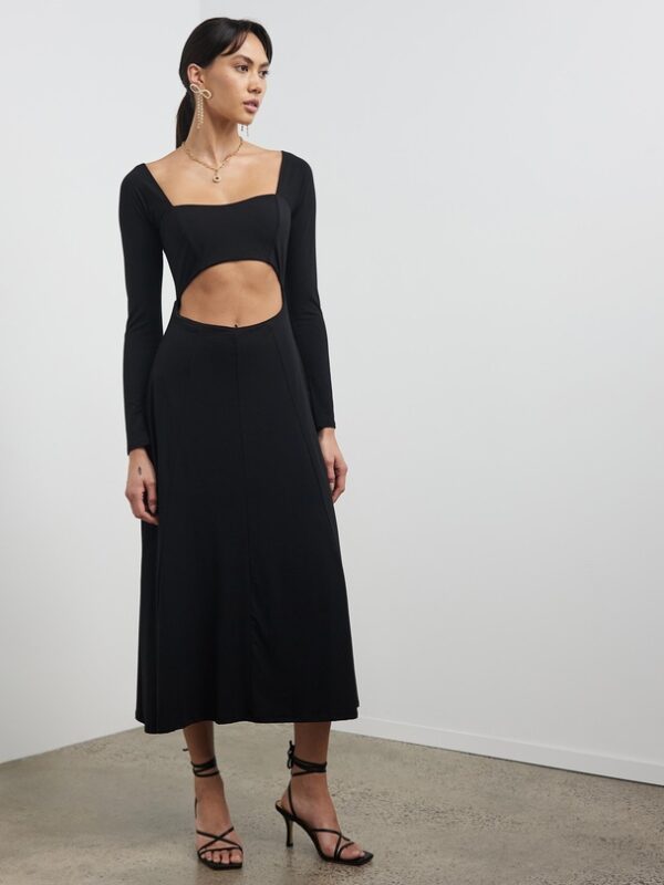 Black long sleeve midi dress with waist cut out. Hire the Line by K Benison dress.