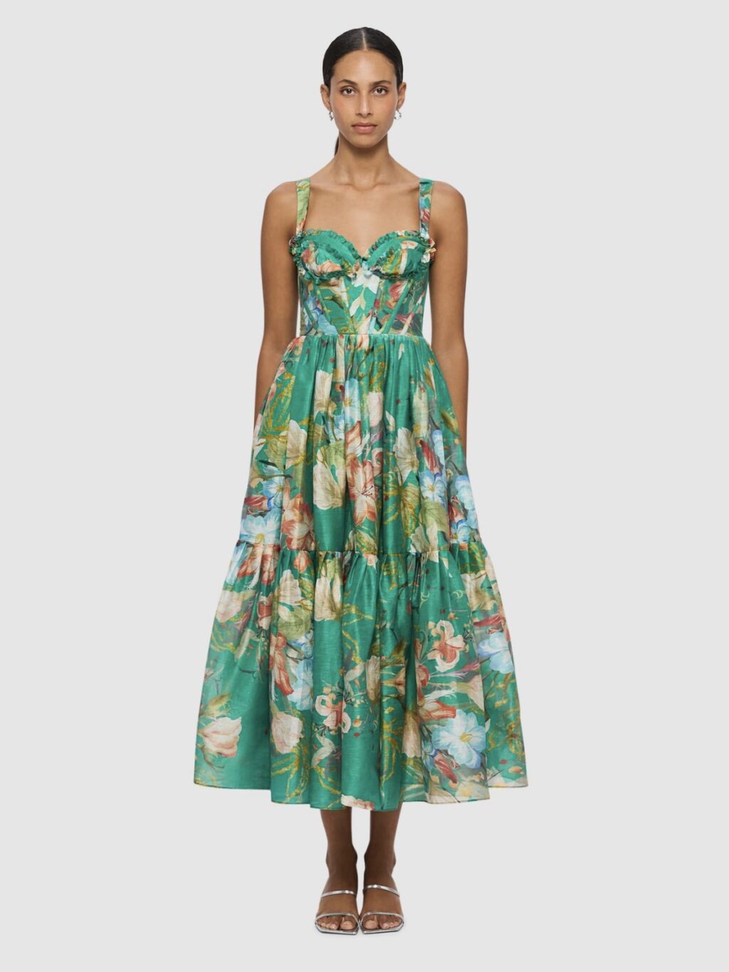 Leo Lin Rose Bustier Midi Dress. Sweetheart neckline green garden party midi dress.