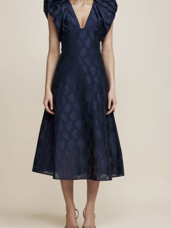 Acler Morin Dress. Navy midi dress with puff shoulders and v neckline.