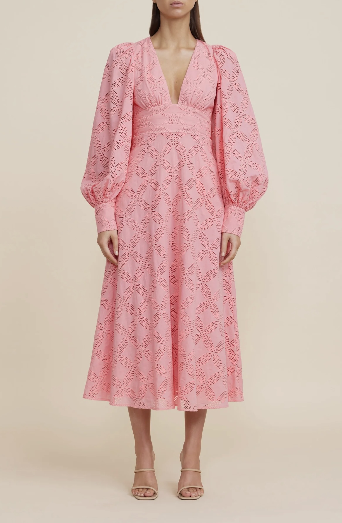 Acler Lowell Dress. Pink maxi dress with balloon sleeves and v neckline.