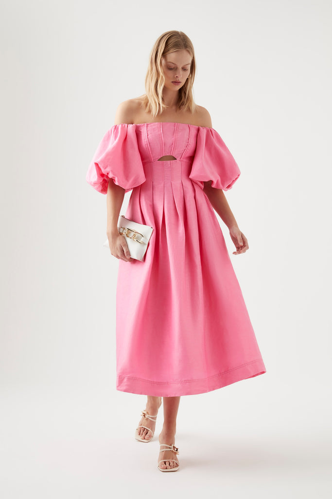 Aje Eugenie Off The Shoulder Midi Dress. Pink off shoulder midi dress with puff sleeves.