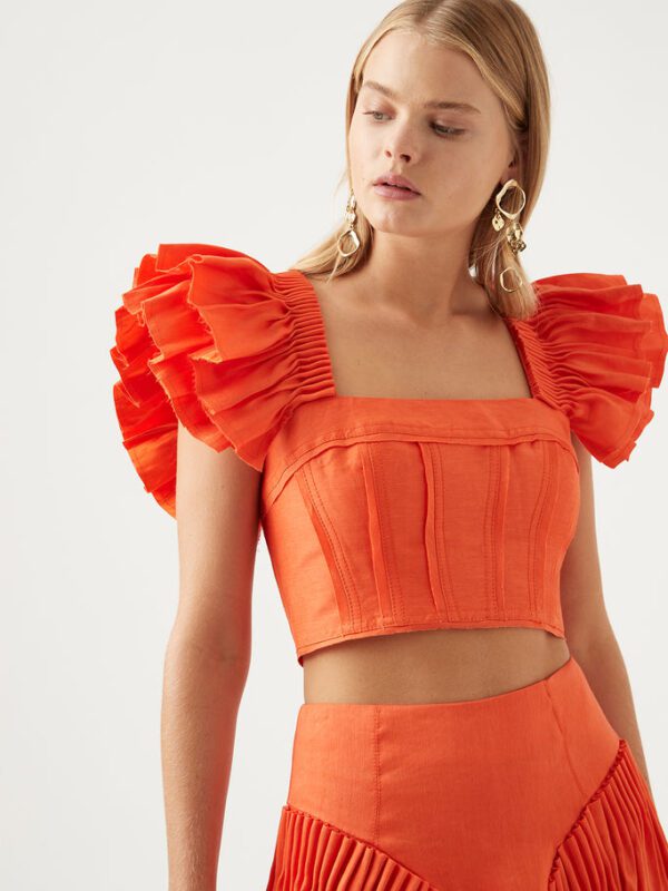 Aje Imagination Frill Sleeve Top. Orange crop top with ruffle sleeves for rent.