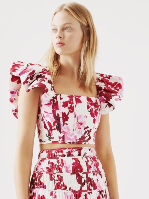 Aje Margot Bubble Sleeve Top. Pink floral crop top with frill sleeves.