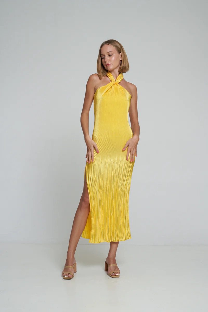 Lidee L'idee Soiree Pleated Halter Gown for hire.