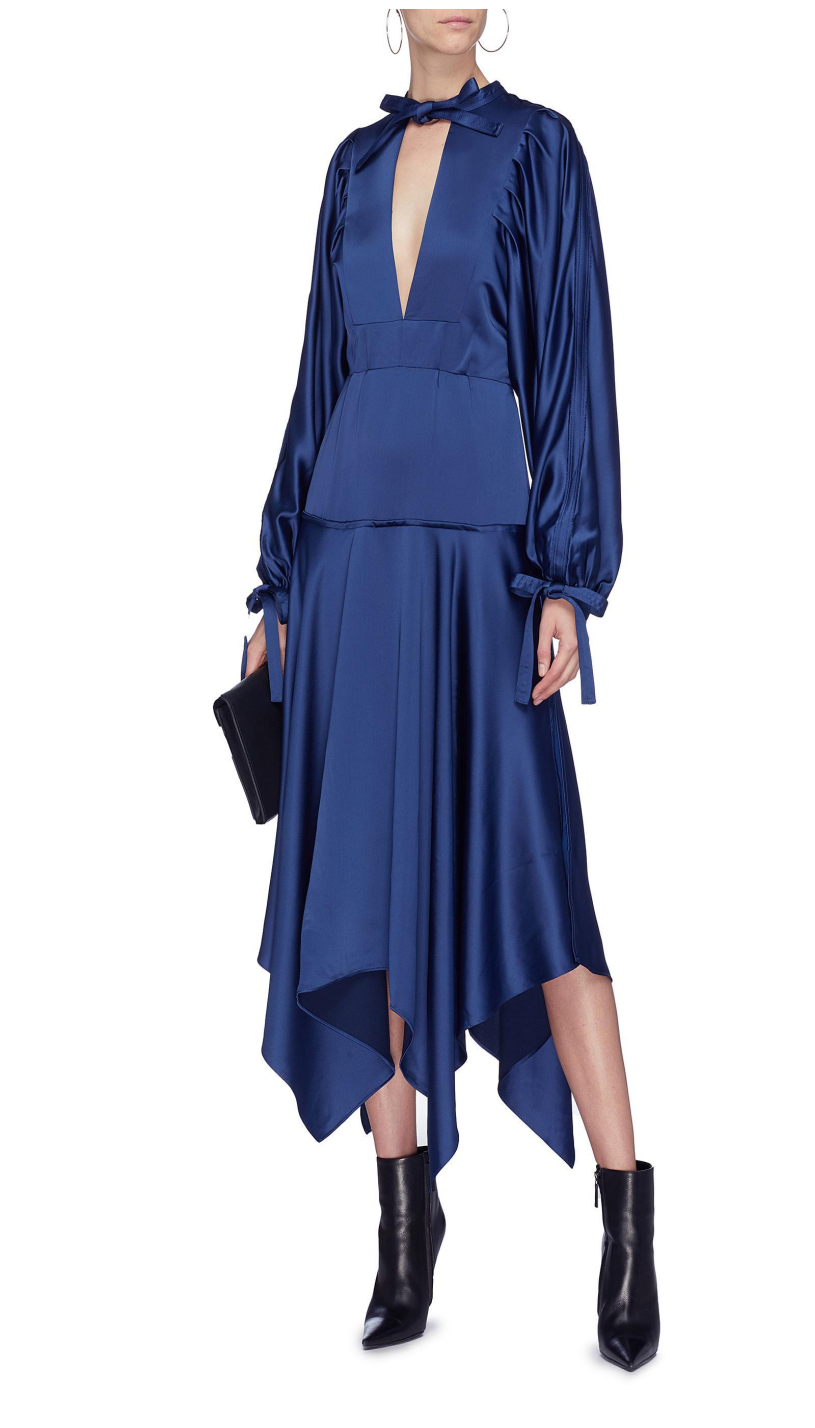 Self Portrait Handkerchief Hem Satin Midi Dress Blue – Rent a Dress